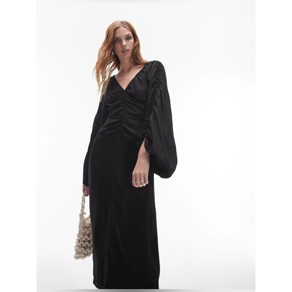 Topshop Gathered Sleeve Ruched Midi Dress Black Sz. 6 NWT